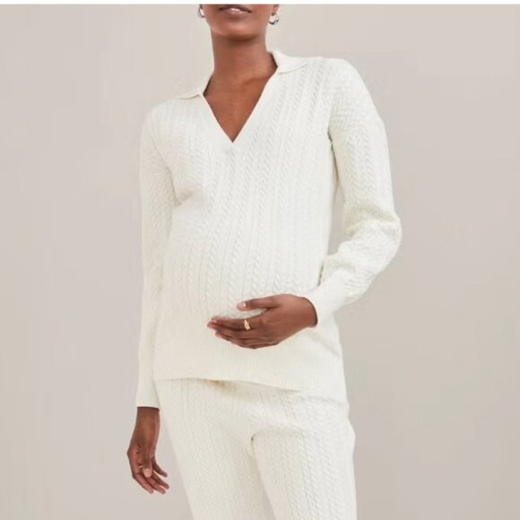 HATCH The Luna Polo Cable Knit Sweater in Cream - Picture 1 of 7